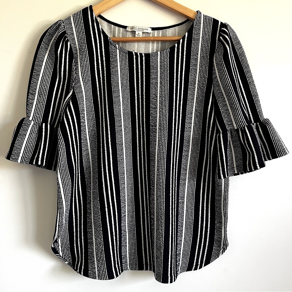 Green Envelope Black and White Striped Blouse Size M